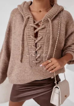 Sweter Oversize Ze Sznurowaniem I Kapturem Laossi Camelowy