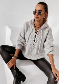Sweter Oversize Ze Sznurowaniem I Kapturem Laossi Szary