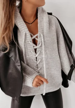 Sweter Oversize Ze Sznurowaniem I Kapturem Laossi Szary