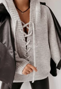 Sweter Oversize Ze Sznurowaniem I Kapturem Laossi Szary