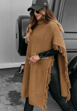 Sweter Ponczo Z Fredzlami I Golfem Welcome Autumn Camelowy