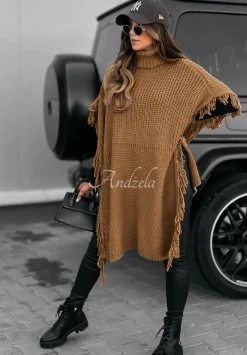 Sweter Ponczo Z Fredzlami I Golfem Welcome Autumn Camelowy