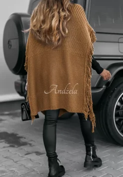 Sweter Ponczo Z Fredzlami I Golfem Welcome Autumn Camelowy