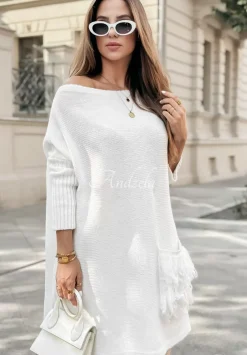 Sweter Sukienka Oversize Z Fredzlami Hot Tea Ecru