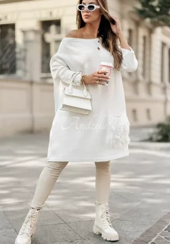 Sweter Sukienka Oversize Z Fredzlami Hot Tea Ecru