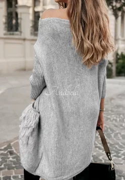 Sweter Sukienka Oversize Z Fredzlami Hot Tea Szary