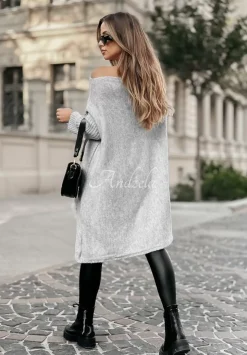 Sweter Sukienka Oversize Z Fredzlami Hot Tea Szary