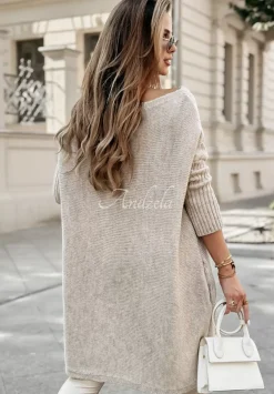 Sweter Sukienka Oversize Z Fredzlami Hot Tea Bezowy