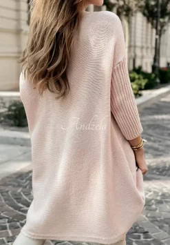 Sweter Sukienka Oversize Z Fredzlami Hot Tea Pudrowy Roz