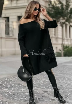 Sweter Sukienka Oversize Z Fredzlami Hot Tea Czarny