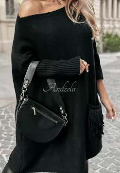 Sweter Sukienka Oversize Z Fredzlami Hot Tea Czarny
