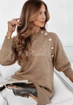 Sweter Tunika Z Guzikami Fernandes Camelowy