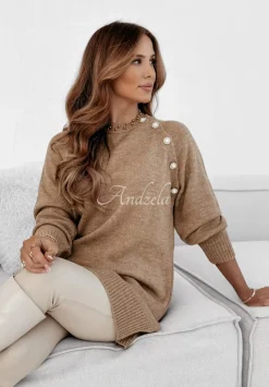 Sweter Tunika Z Guzikami Fernandes Camelowy