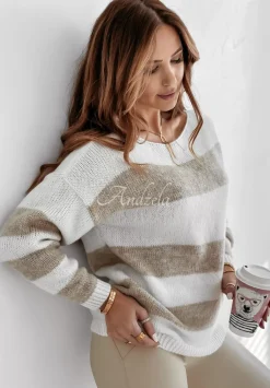 Sweter W Paski Colorful Autumn Bialo-Bezowy