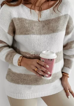 Sweter W Paski Colorful Autumn Bialo-Bezowy