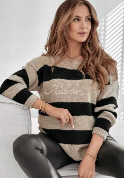 Sweter W Paski Colorful Autumn Bezowo-Czarny