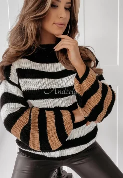 Sweter W Paski Maple Hill Camelowo-Czarny