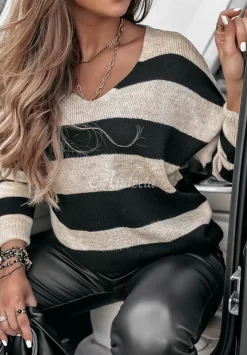Sweter W Paski Z Dekoltem Autumn Stripes Bezowo-Czarny