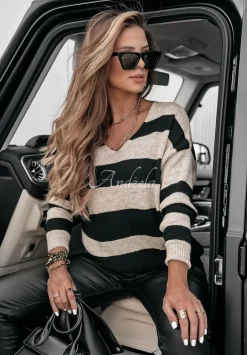 Sweter W Paski Z Dekoltem Autumn Stripes Bezowo-Czarny
