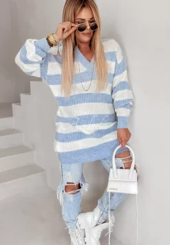 Sweter W Paski Z Dekoltem Arevalo Bialo-Blekitny