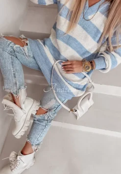 Sweter W Paski Z Dekoltem Arevalo Bialo-Blekitny