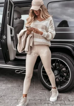 Sweter W Paski Z Dekoltem Autumn Stripes Bialo-Bezowy