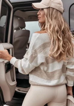 Sweter W Paski Z Dekoltem Autumn Stripes Bialo-Bezowy