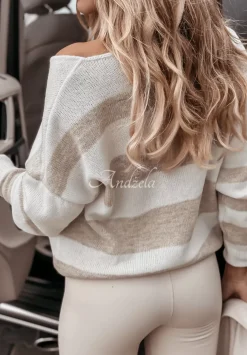 Sweter W Paski Z Dekoltem Autumn Stripes Bialo-Bezowy