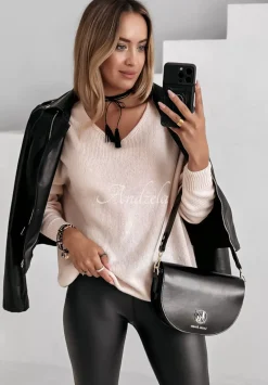 Sweter Z Dekoltem Caffe Latte Pudrowy Roz