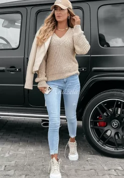 Sweter Z Dekoltem Fall Season Bezowy