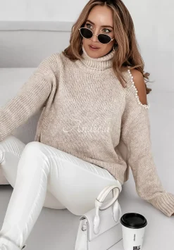 Sweter Z Golfem I Perelkami Ariamo Bezowy