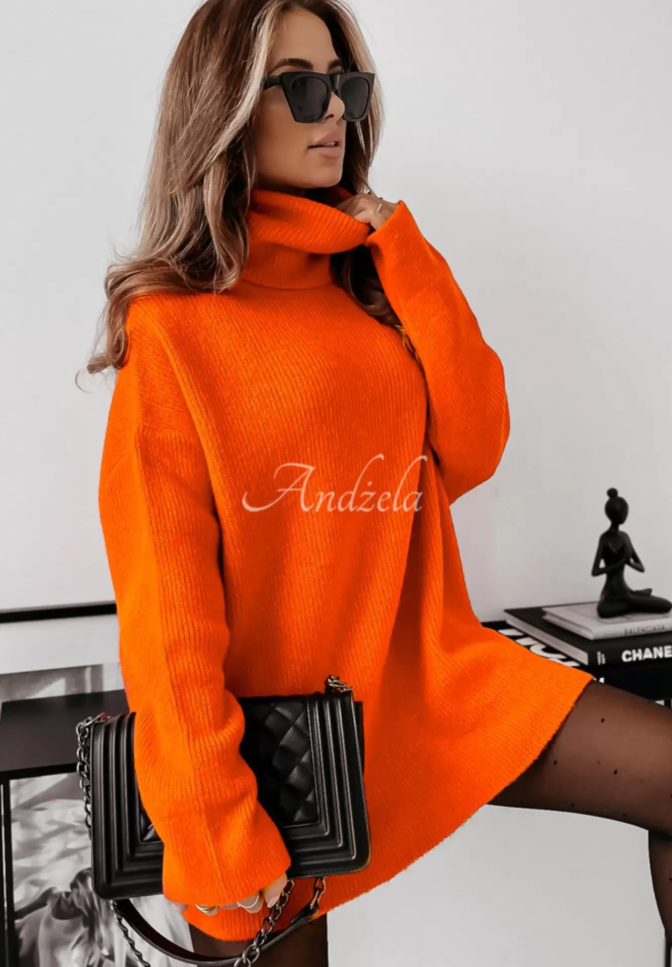 Sweter Z Golfem Mavi Neonowy Pomaranczowy