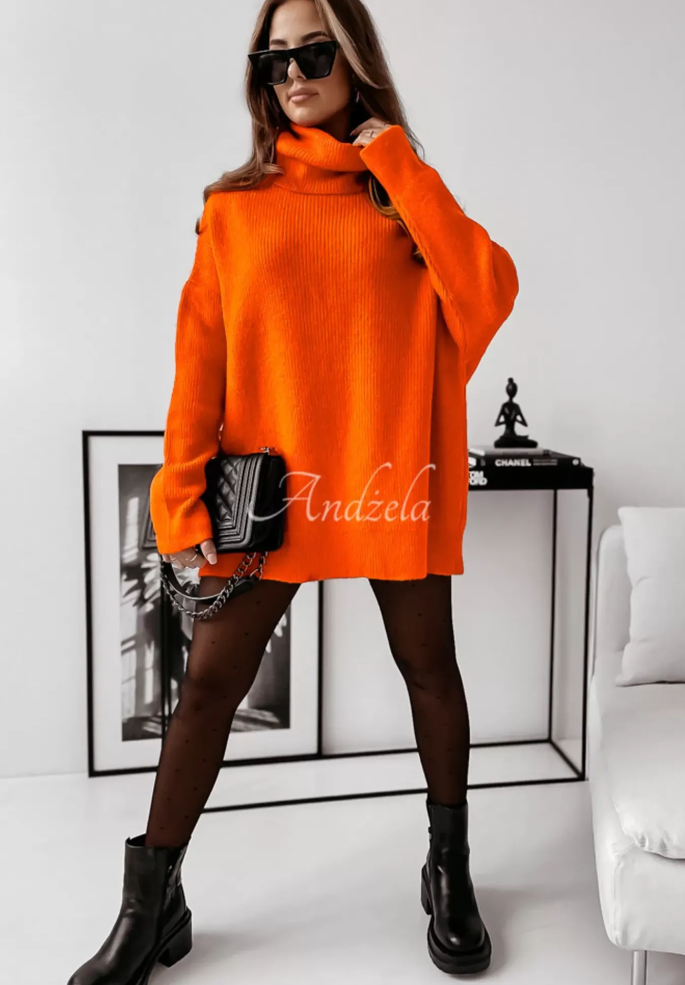 Sweter Z Golfem Mavi Neonowy Pomaranczowy