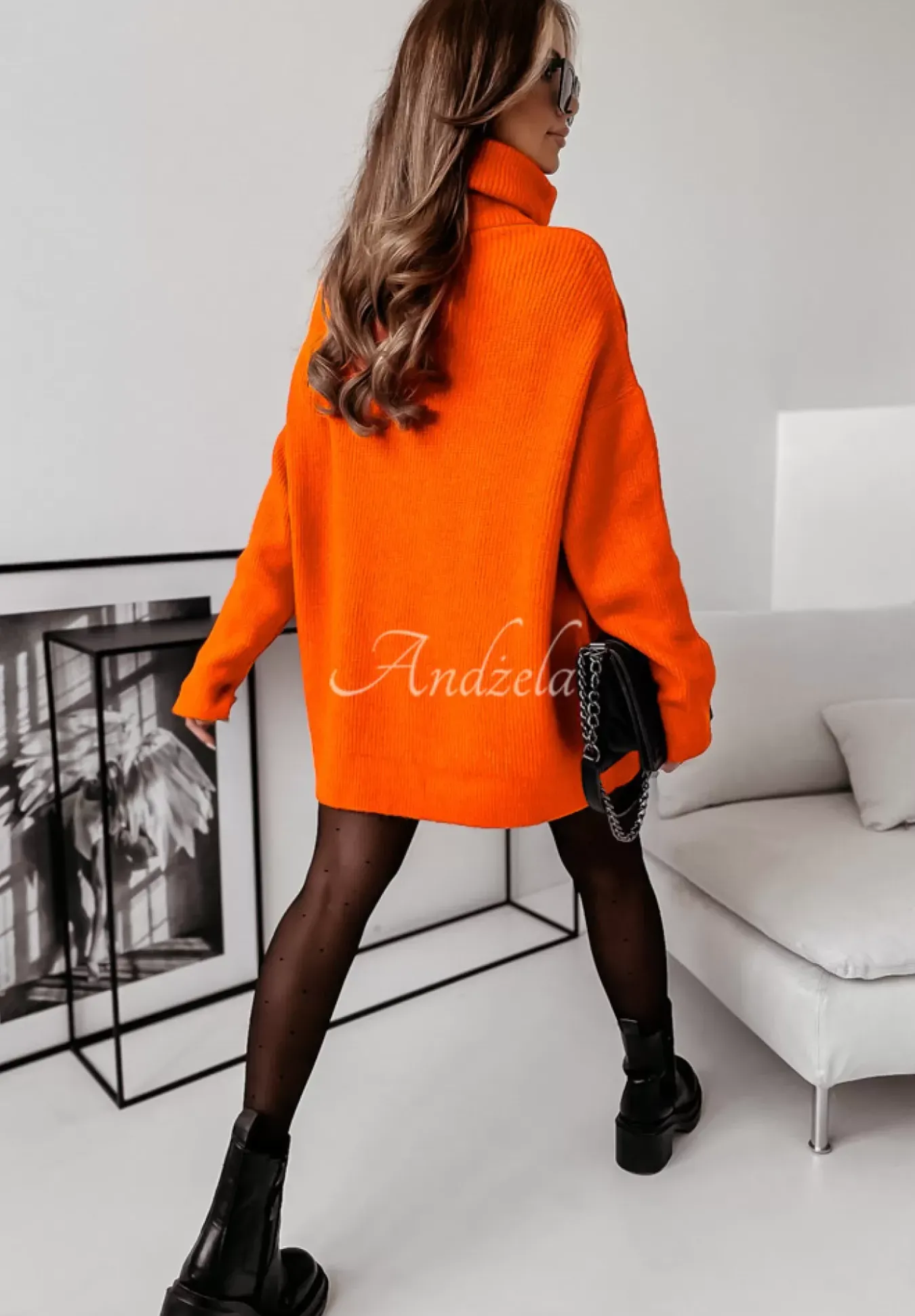 Sweter Z Golfem Mavi Neonowy Pomaranczowy