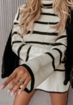 Sweter Z Golfem W Paski Nivena Ecru