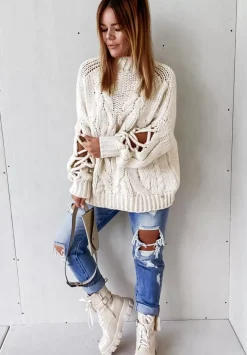 Sweter Z Ozdobnym Splotem Cocomore Casual Ecru