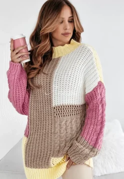 Sweter Z Ozdobnym Splotem Color Me Mine Rozowo-Zolty