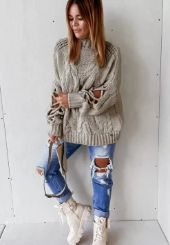 Sweter Z Ozdobnym Splotem Cocomore Casual Mokka