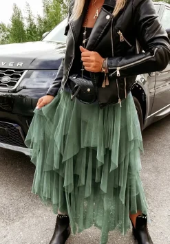 Tiulowa Spodnica Midi Elisabeth Khaki