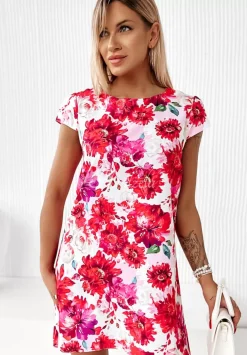 Trapezowa Sukienka Mini W Kwiaty Hibiscus Czerwono-Rozowa
