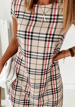 Trapezowa Sukienka Mini W Krate Berry Bezowa