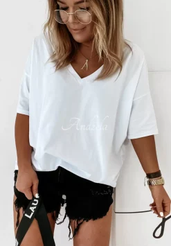 T-Shirt Oversize Z Dekoltem W Serek Cascade Bialy