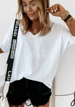 T-Shirt Oversize Z Dekoltem W Serek Cascade Bialy