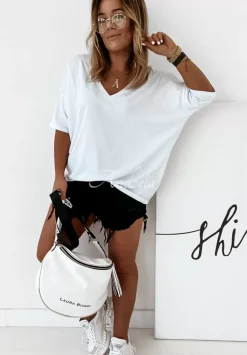 T-Shirt Oversize Z Dekoltem W Serek Cascade Bialy