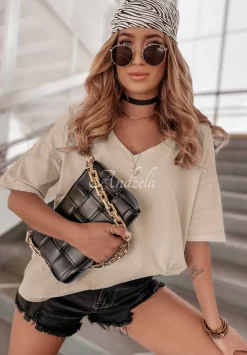 T-Shirt Oversize Z Dekoltem W Serek Cascade Bezowy