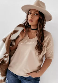 T-Shirt Oversize Z Dekoltem W Serek Cascade Bezowy