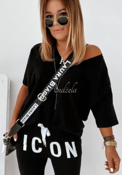 T-Shirt Oversize Z Dekoltem W Serek Cascade Czarny