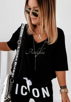 T-Shirt Oversize Z Dekoltem W Serek Cascade Czarny