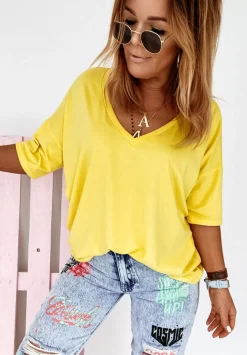 T-Shirt Oversize Z Dekoltem W Serek Cascade Zolty