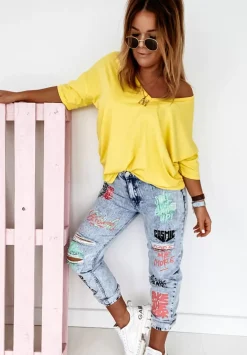T-Shirt Oversize Z Dekoltem W Serek Cascade Zolty